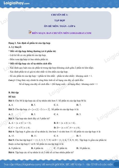 Dạng 2. Xác định số phần tử của tập hợp Chủ đề 1 Ôn hè Toán 6